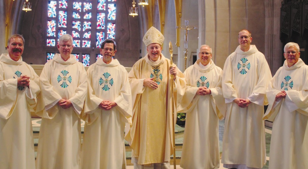 (from Left) Deacons Don Tully, Mike Maher, Greg Power, Rick Letto, Mike Horgan and Mark Grunwald were ordained on October 29 by Bishop William Patrick Callahan at St. Joseph the Workman Cathedral in La Crosse.